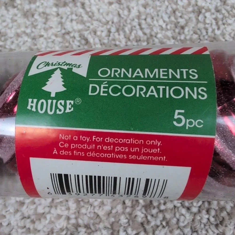 Christmas House 5pc‎ Swirl Glitter Bauble Ornaments Red Pink Gold String